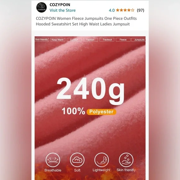 Cozypoin Fleece Jumpsuit, Zip Front, Light Pink, NWOT- size XL - Picture 8 of 12